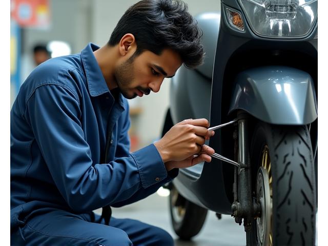 Mechanic performing a detailed safety inspection on a scooter, emphasizing precision and care.