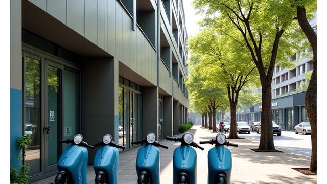 RideFlex Bangalore office entrance with electric scooters parked outside in Koramangala