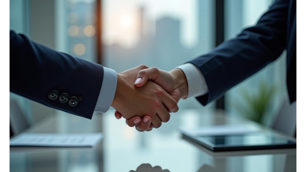 Two professionals shaking hands over a cafe table in a modern office, symbolizing a successful business partnership