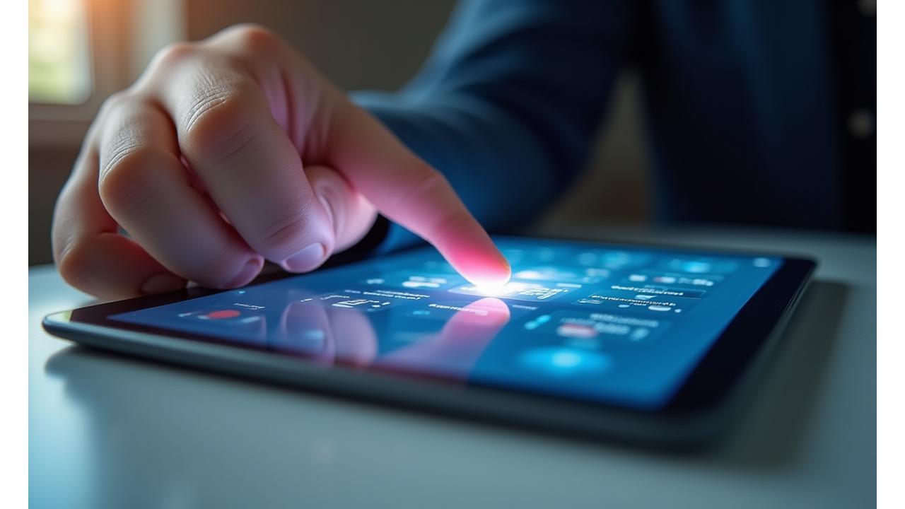 Close-up of a hand pointing at a tablet screen displaying a notification or chat bubble, emphasizing quick digital communication