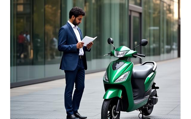 Consultant in business attire reviewing documents on a tablet, with a scooter nearby