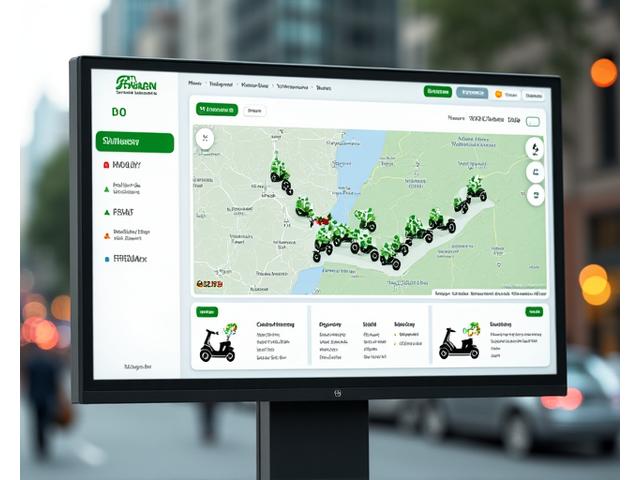 Mockup of a sleek digital dashboard for fleet management, showing a map with real-time scooter locations and usage statistics, designed in the brand's primary and secondary colors.