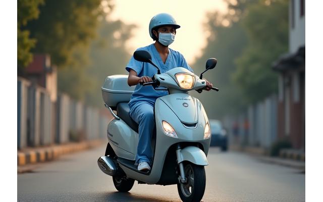 Healthcare worker in scrubs riding a scooter in a city, possibly for home visits
