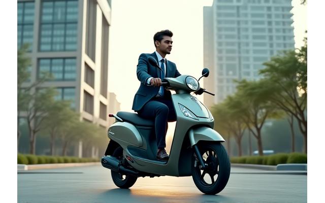 IT professional riding scooter between modern office buildings