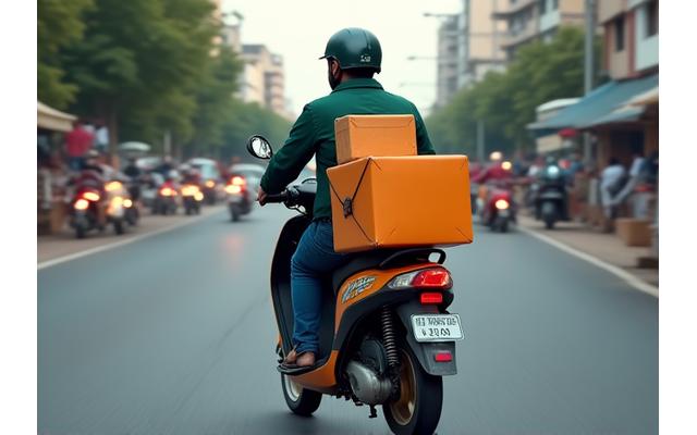 Delivery rider on scooter with packages in an urban Indian setting