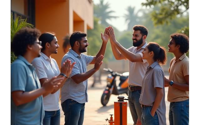 Young startup team celebrating, with scooters in the background