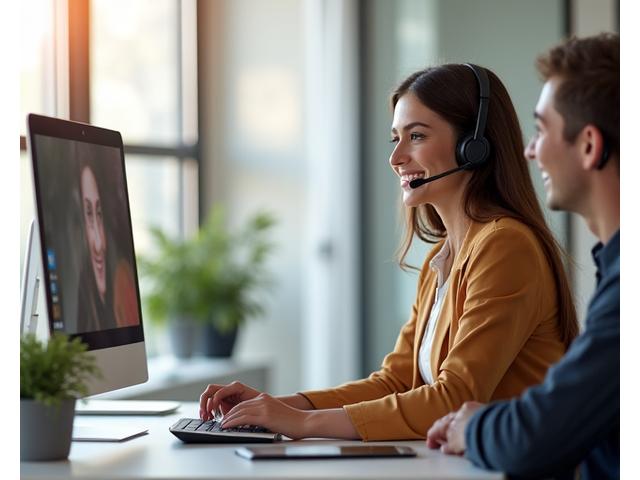 Friendly RideFlex customer support representative interacting with a business client in an office setting, smiling.