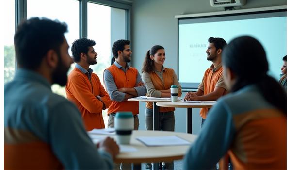 A diverse group of delivery drivers in uniform, smiling and engaged in a training session, with a scooter visible in the background, signifying professional development and camaraderie.