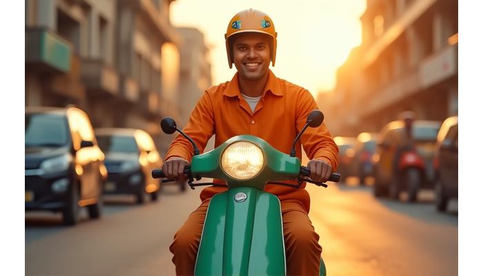 Delivery driver on scooter, carrying a large delivery bag, happily navigating a vibrant Indian city street during golden hour.
