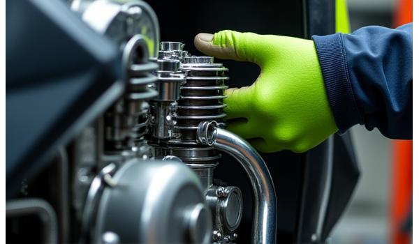 Close-up on a robust scooter engine being inspected by a mechanic, emphasizing durability and precision, within a clean workshop setting.