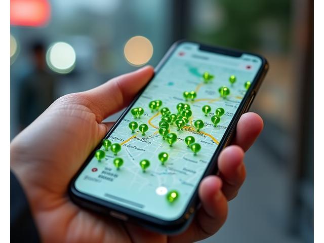 Interactive map view on a smartphone showing charging station pins across a city, with a hand holding the phone.