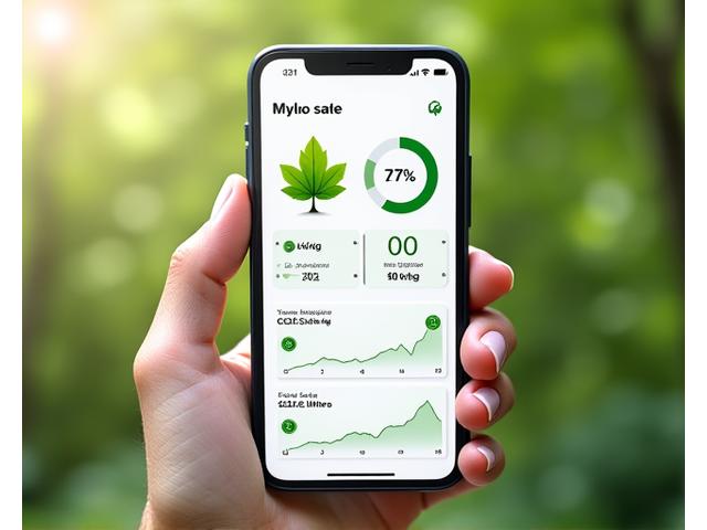 Smartphone displaying an app dashboard with graphs and numbers showing reduced carbon emissions and saved fuel, with a green leaf icon.