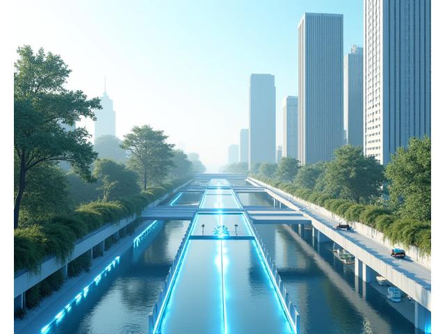 Abstract futuristic cityscape with electric scooters on elevated smart roads, glowing blue lines indicating energy flow, depicting advanced urban mobility.
