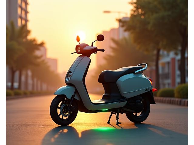 Modern electric scooter parked in a vibrant Indian city street at dawn, with subtle green glow, symbolizing clean energy and urban exploration.