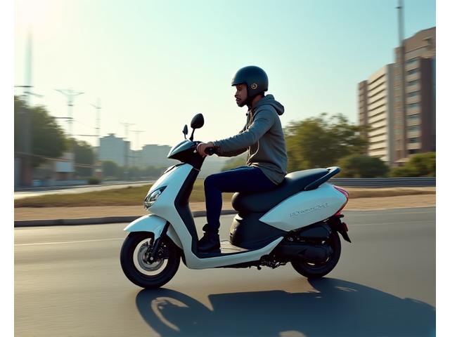 Dynamic shot of an electric scooter smoothly gliding through a clean Indian urban street, rider visible enjoying the calm, motion blur suggesting speed.