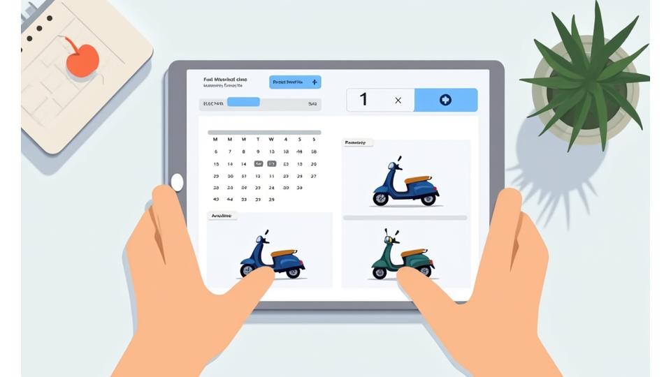 Illustration of a user interacting with a digital calendar and scooter selection interface on a tablet.