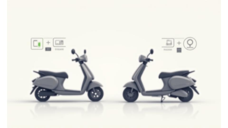 Illustration of two different scooters positioned side-by-side with comparison metrics highlighted between them.