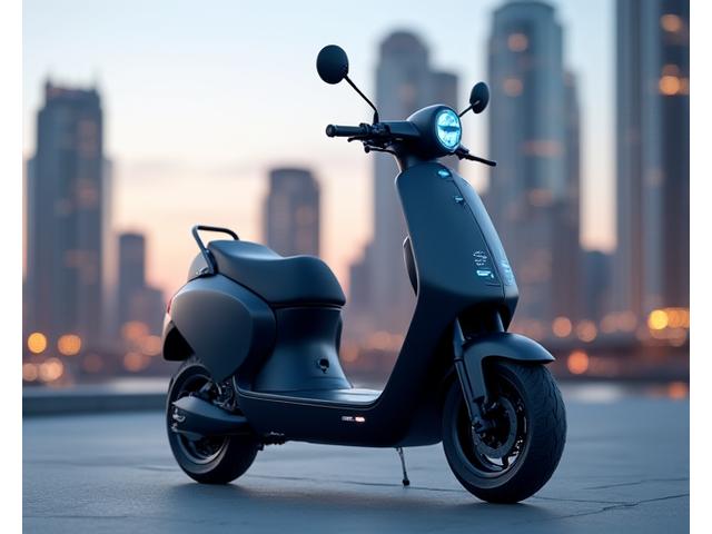 Sleek matte-black electric scooter with blue accent lights, parked against a modern cityscape backdrop.