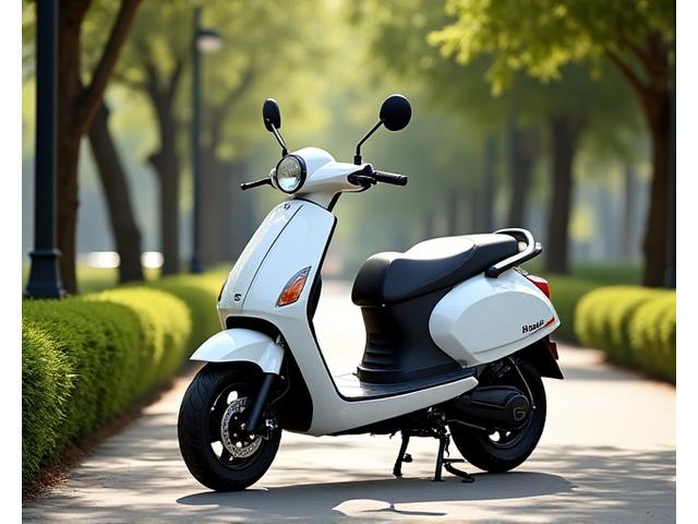 Premium white electric scooter with a comfortable seat and broad tires, parked stylishly in a modern Indian urban park.