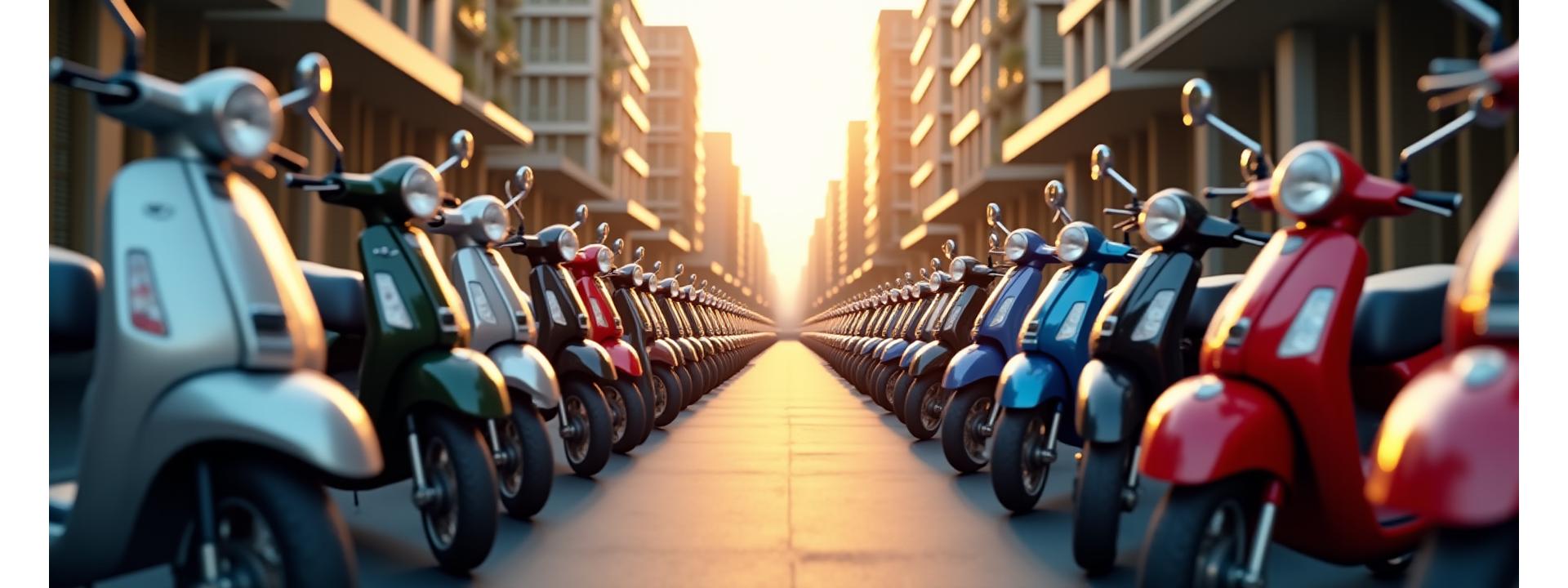 Diverse range of scooters, both electric and petrol, neatly parked on a vibrant Indian city street at dawn, ready for rent.
