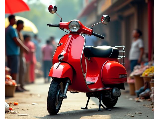 Popular red petrol scooter in excellent condition, parked in front of a colorful Indian market scene.