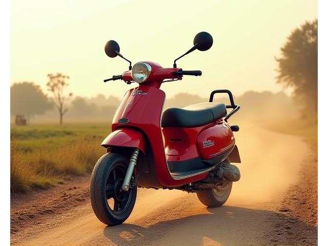 Rugged red petrol scooter with reinforced chassis, ready for adventure on a dusty rural road in India.