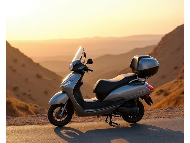 Black and silver petrol scooter, designed for comfortable touring, on a scenic road in Rajasthan.