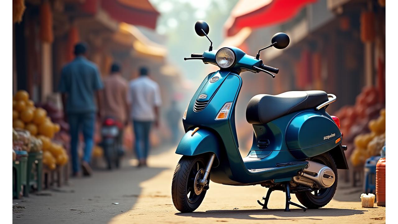 Stylish petrol scooter parked in a lively Indian market