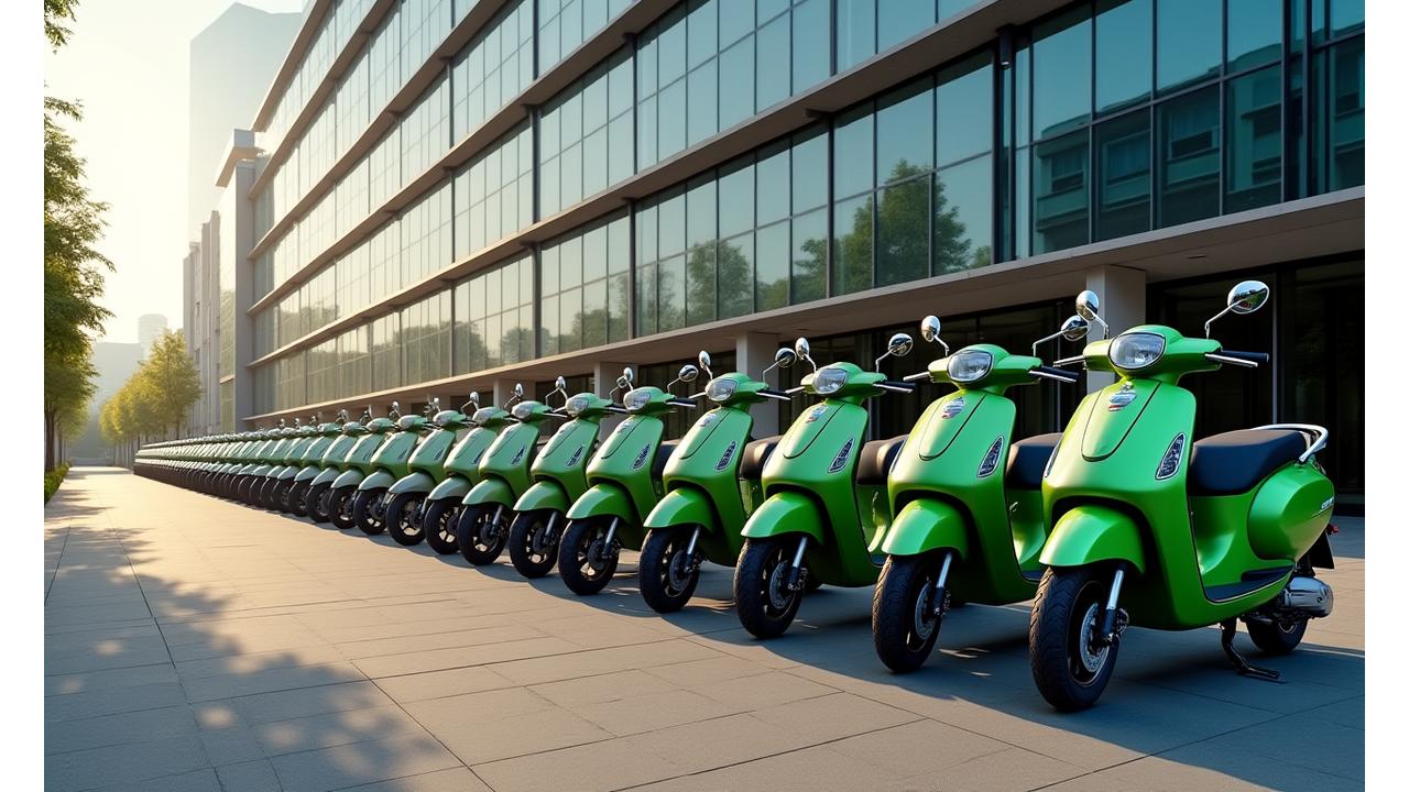 A fleet of RideFlex scooters neatly parked outside a modern office building, representing corporate mobility solutions.