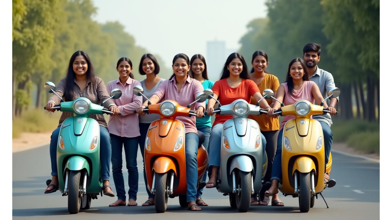 A diverse group of friends smiling and posing with RideFlex scooters, ready for an adventure.
