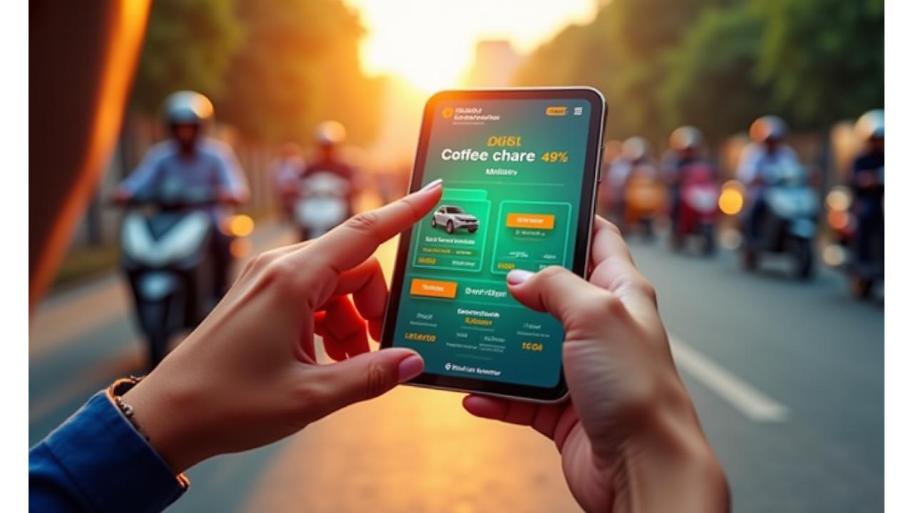 Person using a mobile app to calculate scooter rental costs in a vibrant Indian city market.