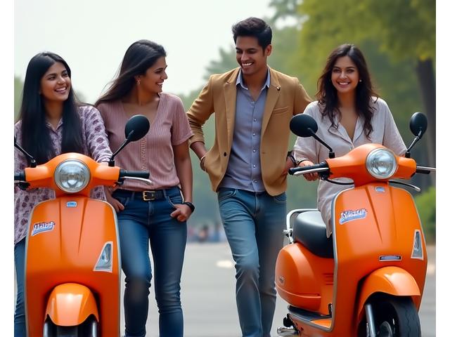 Group of friends riding scooters together on a sunny day in India.