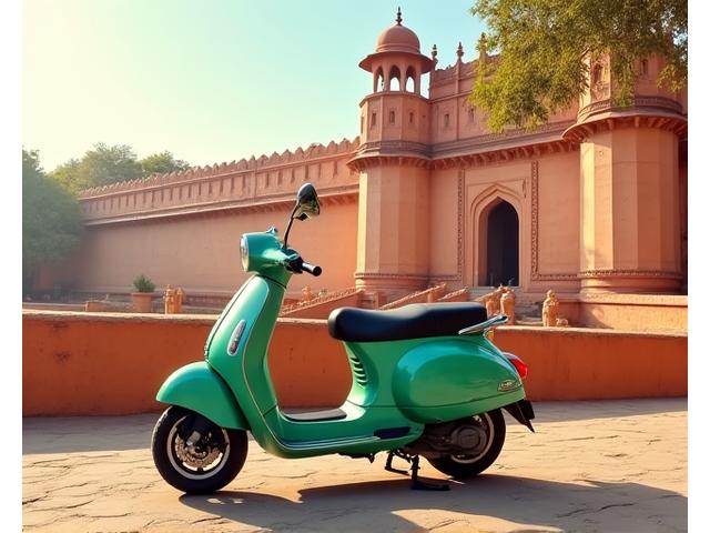 Scooter parked near a tourist attraction, suitable for short hourly rentals.