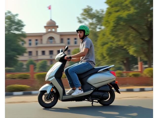 Student riding a scooter on a college campus, symbolizing monthly subscription for commuters.