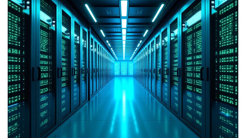 Highly secure, modern data center with glowing blue server racks and strong access control, representing robust physical and technical security.