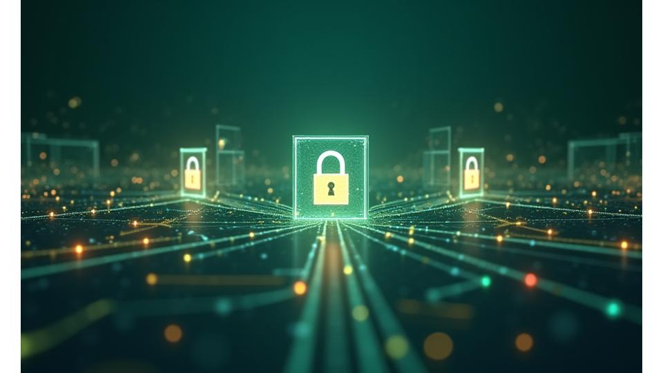 Illustration of data flowing through secure channels, with various shields and locks indicating protection and limited sharing.
