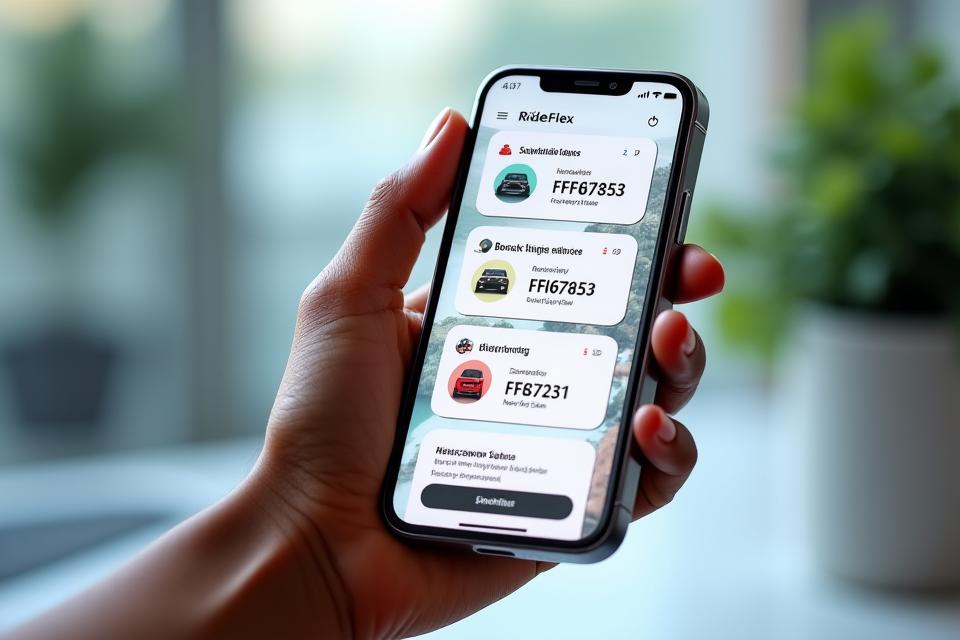 RideFlex mobile app interface displayed on a smartphone, showing features like subscription status, maintenance scheduling, and usage tracking.