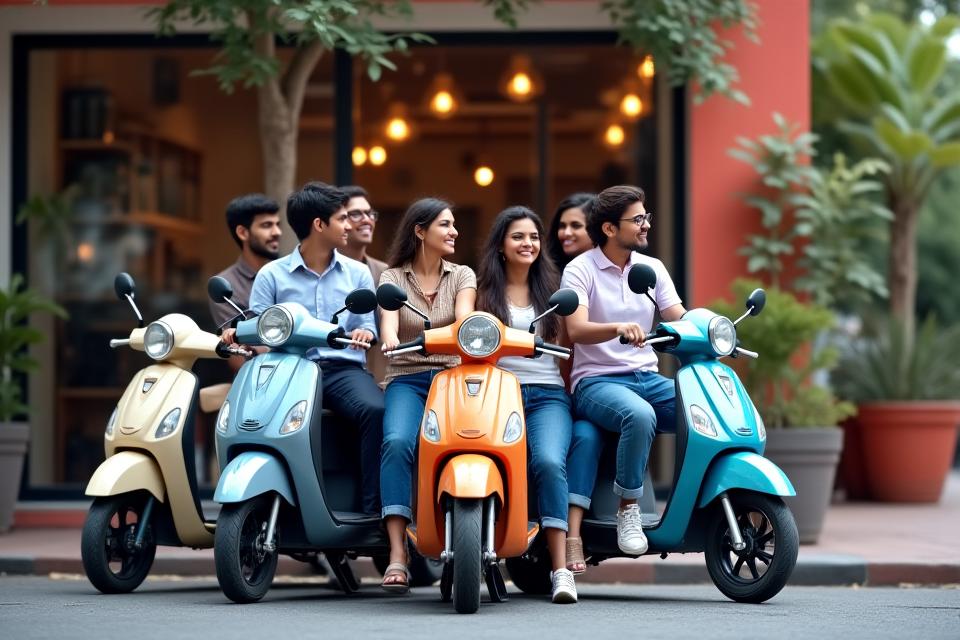 Group of young Indian professionals on scooters casually parked outside a vibrant cafe in an urban setting, illustrating lifestyle integration.
