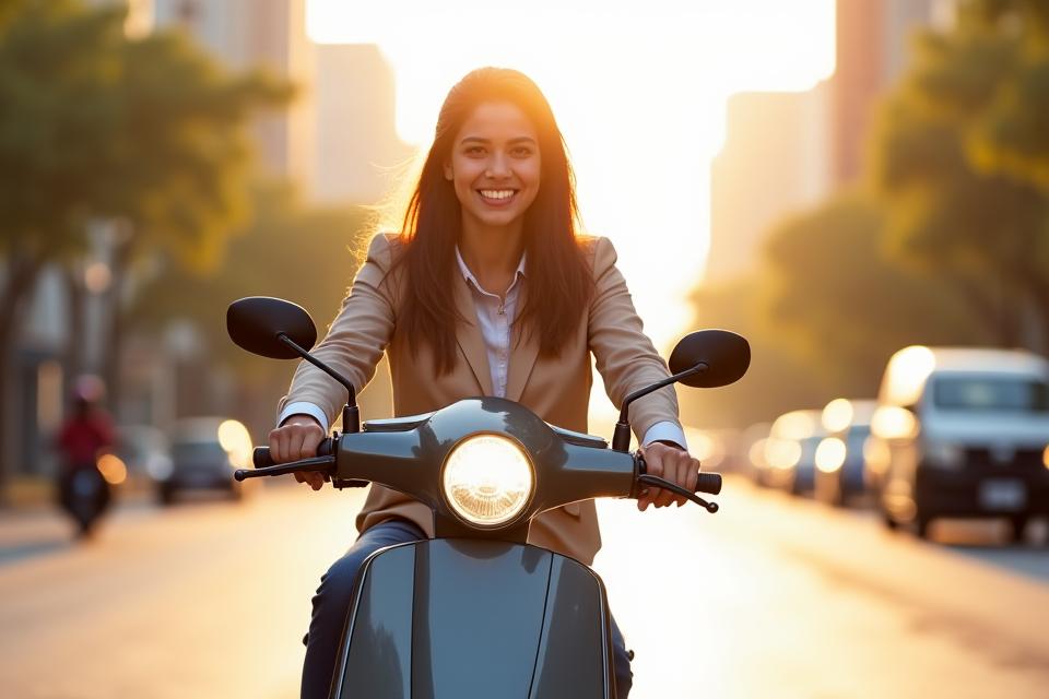 Young Indian professional riding a sleek scooter through a modern city street, smiling with a sense of freedom and contentment, representing hassle-free urban mobility.