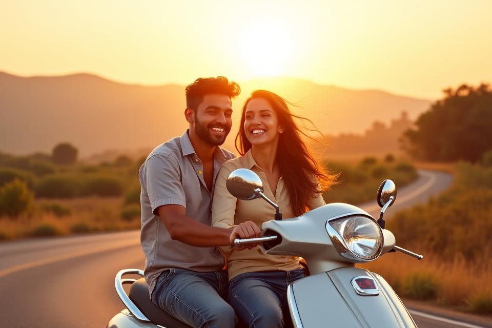Happy young couple riding a scooter on a scenic road in India, symbolizing freedom from stress and financial burdens of ownership.