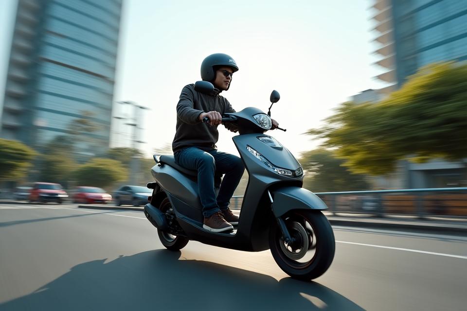 Dynamic shot of a scooter zipping through a modern Indian city street, showcasing ease of urban commuting.