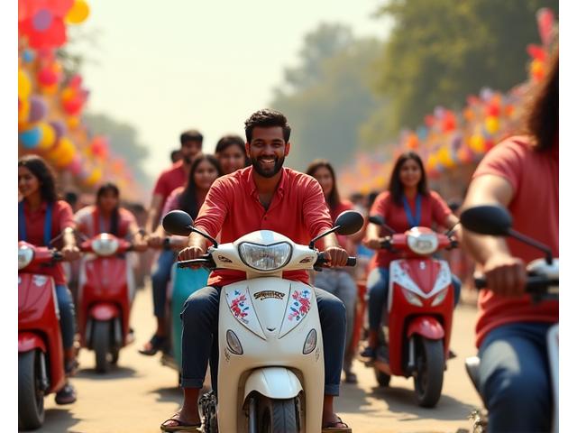 Indian students arriving at a lively campus festival on RideFlex scooters, depicting event transportation.