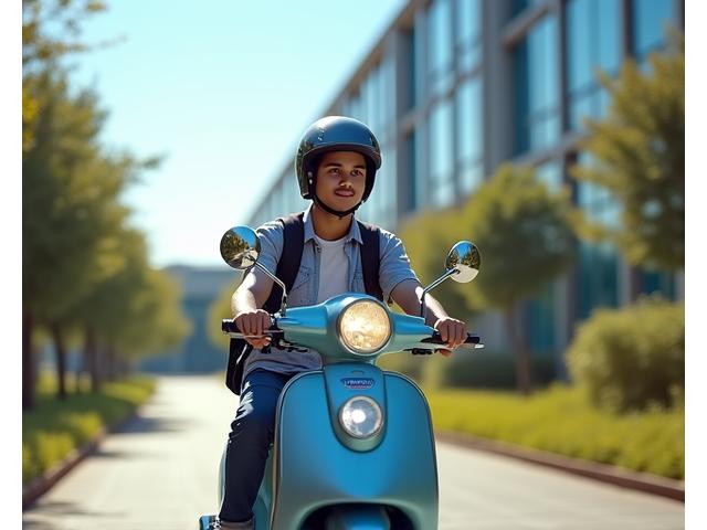 Indian student riding a scooter to a university building, depicting daily commute to lectures.
