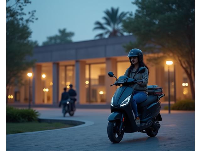 A focused Indian student arriving at a quiet library on a scooter late in the evening during exam period.