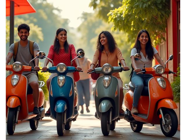 Group of Indian students arriving together on multiple scooters at a study cafe, highlighting group mobility.