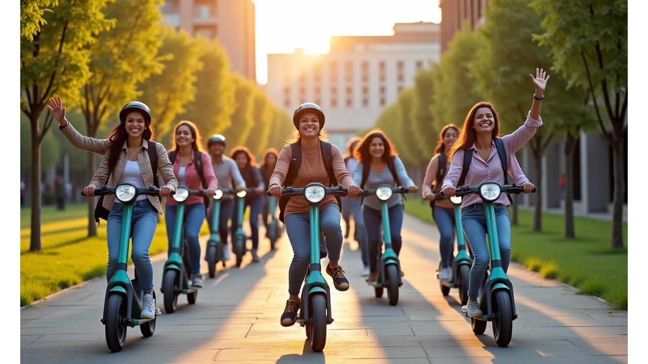 Group of happy Indian university students riding scooters on a vibrant campus pathway, with college buildings in the background, conveying freedom and convenience.