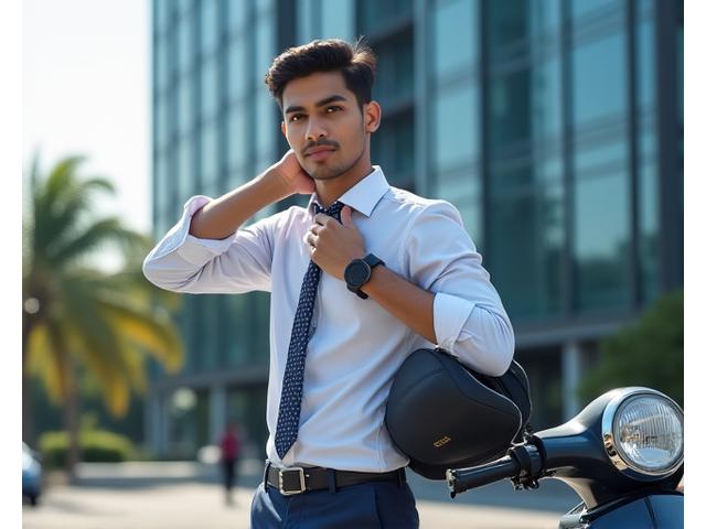A confident Indian student in professional attire parking a scooter before entering an office building for an internship interview.