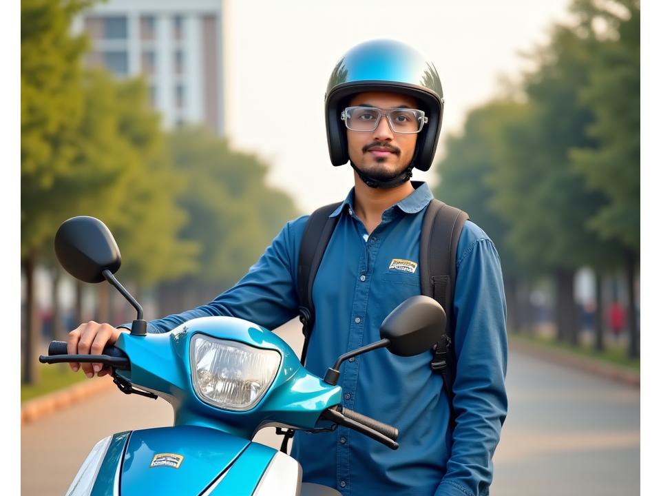 An Indian student confidently wearing a helmet and protective gear, standing next to a RideFlex scooter, emphasizing safety.