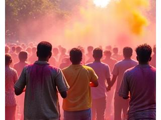 Colorful Indian festival with people celebrating, scooters parked nearby