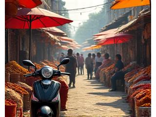 Vibrant Indian spice market scene, with a scooter parked subtly nearby